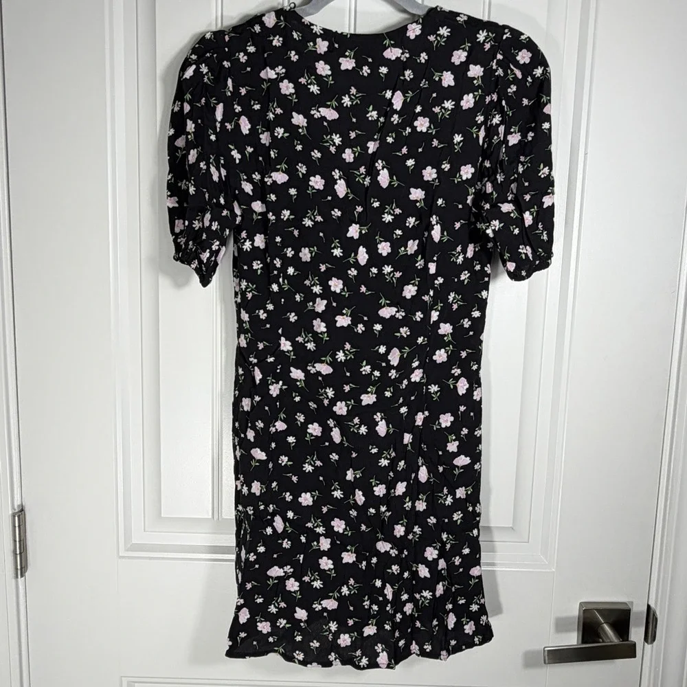 Elodie Women's XS Black Pink Floral Button Front Puff Sleeve Mini Dress